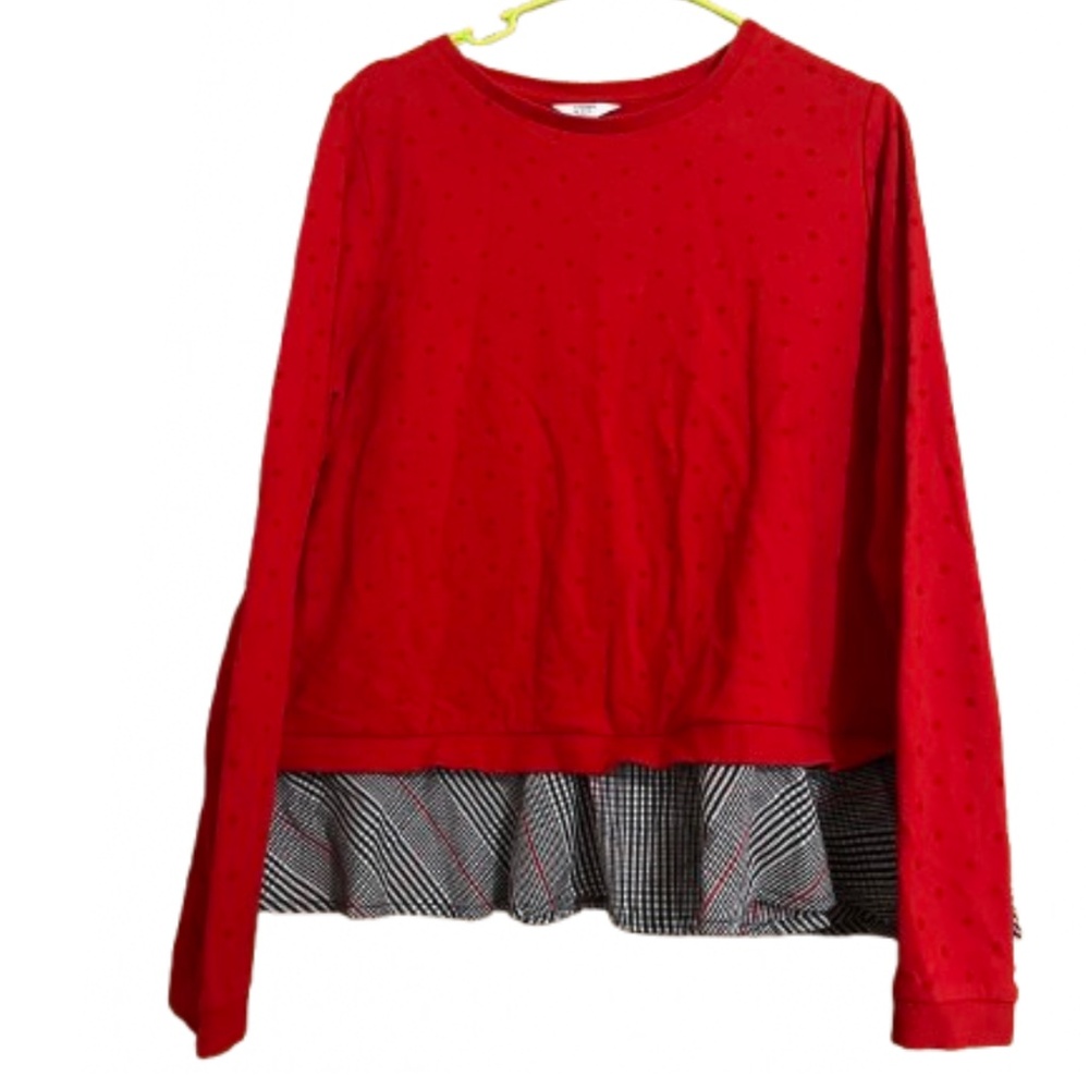 crown & ivy Women’s Red Dotted Plaid Twofer Long Sleeve Shirt Sz-PXL